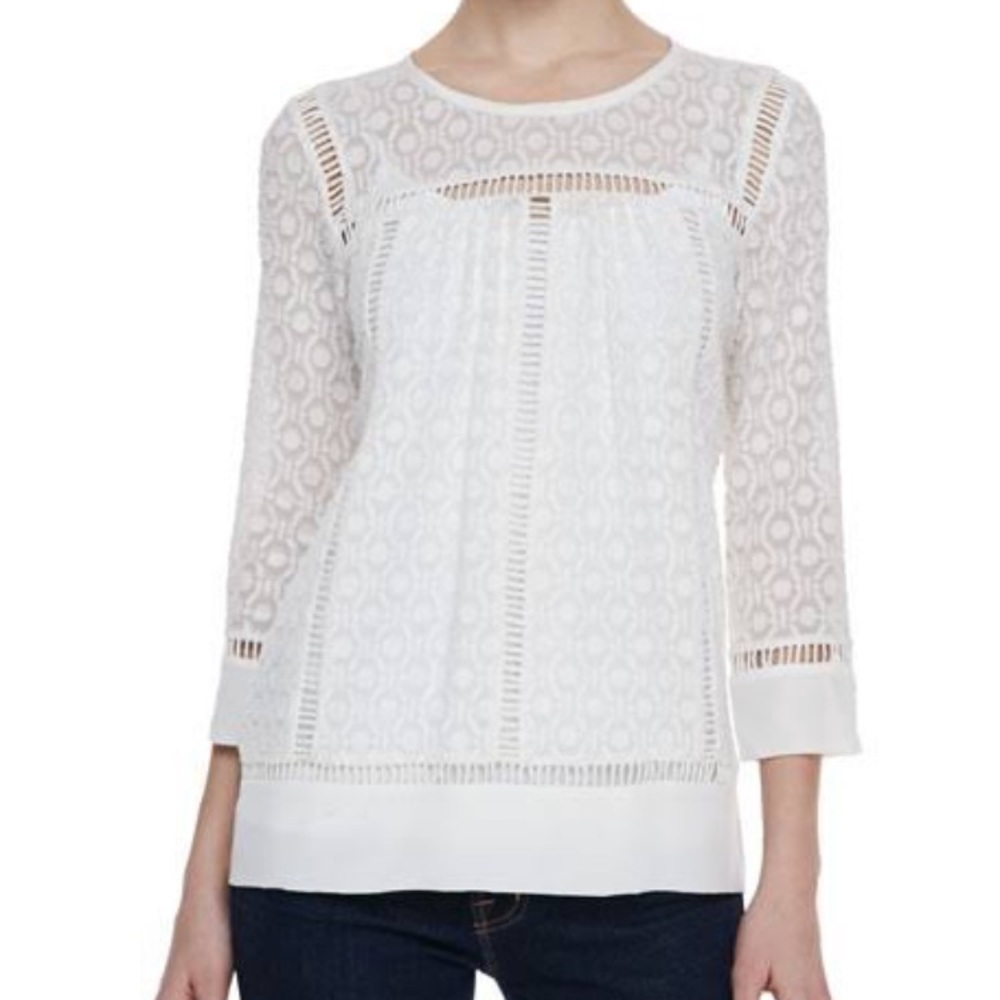 Rebecca Taylor Geo Clip Brocade Top Scoop Neck Shirt Blouse White Sz 4